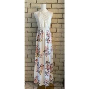 Venus Floral & Lace Halter Maxi Dress – White/Multicolor – Size 10